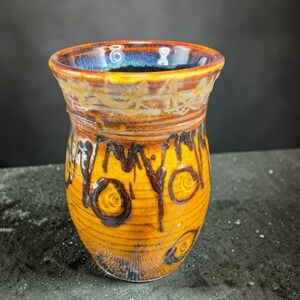 Studio Pottery Hand Thrown Glazed Ceramic Vessel Tumbler Cup Blue Brown Signed